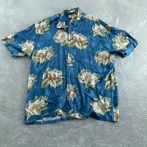 Vintage Cmpa Moda Hawaiian Button-Up Shirt XL Blue With Tropical Floral 2542